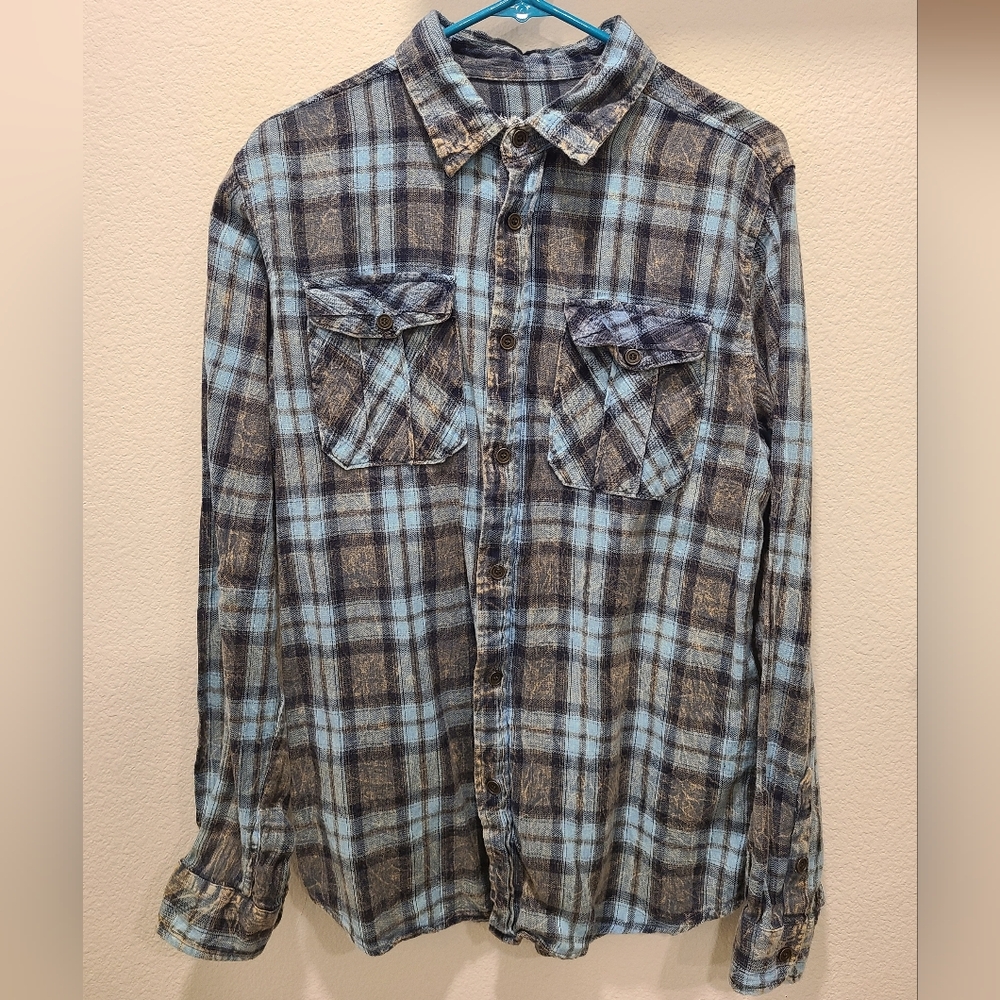 Distressed Acid Wash Medium baby blue black Plaid Button-Up Cotton Shirt